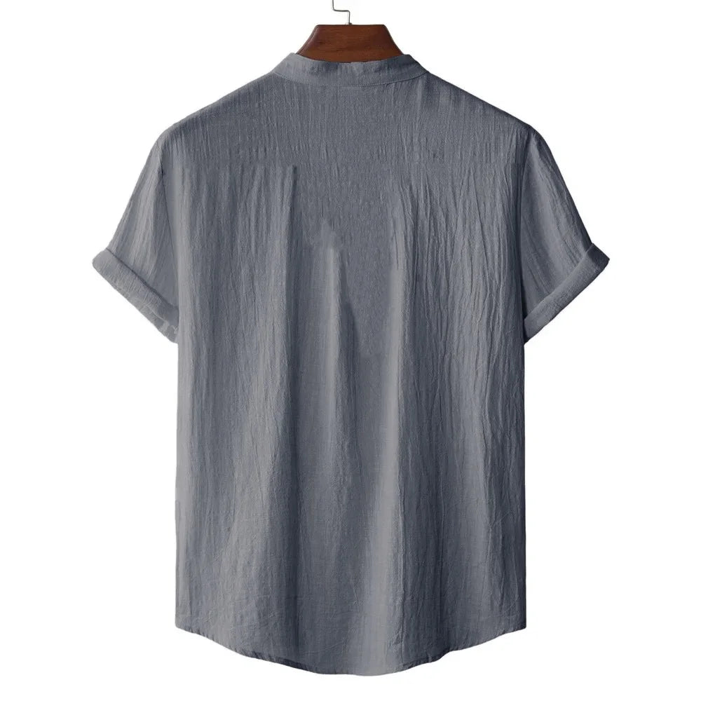 Men's Summer Cotton Linen T-shirt Beach Style Short SLeeve Henley Neck Vacation Hawaii Casual Lightweight Breathable Cozy Tops