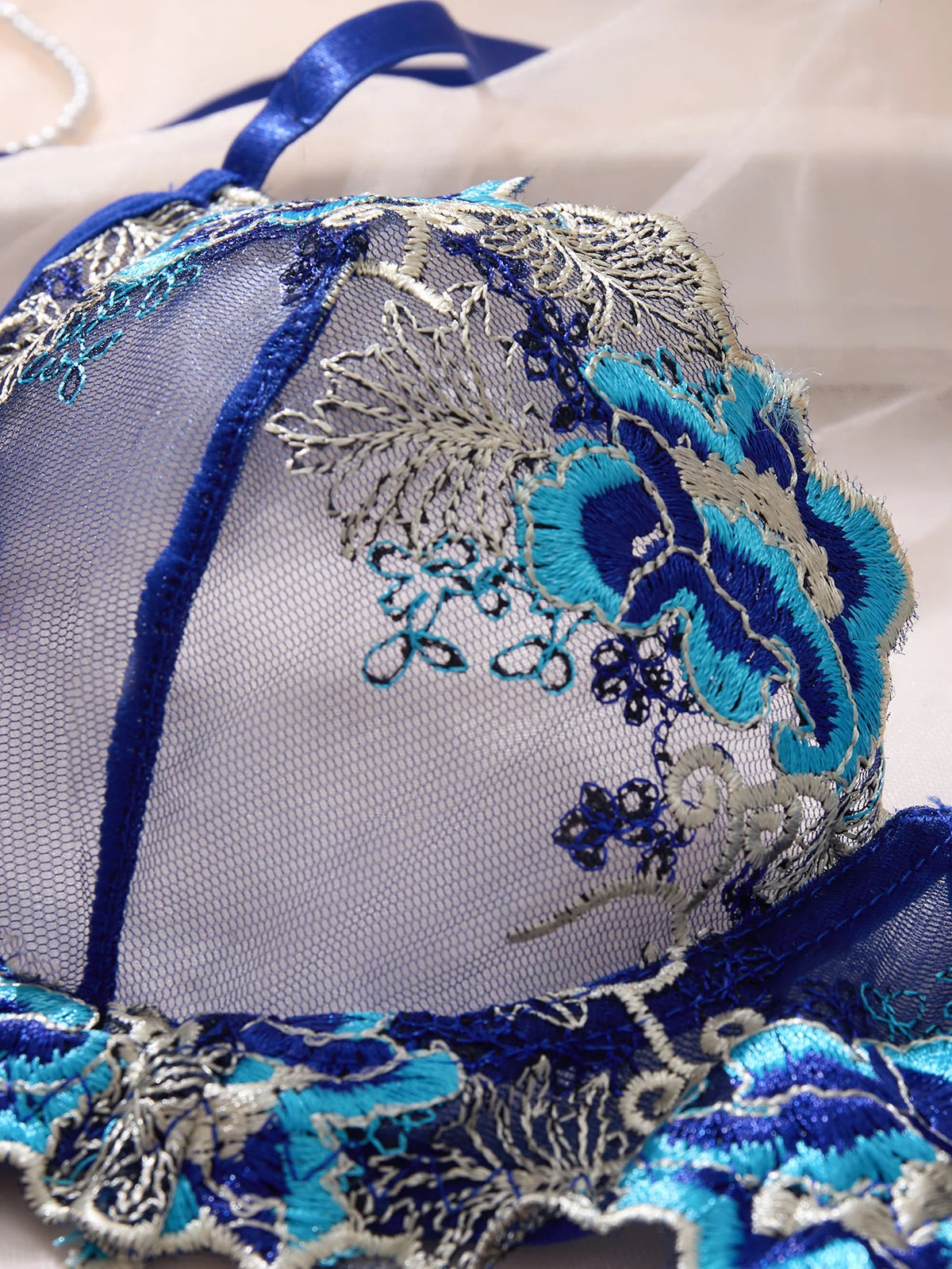 Blue Floral Embroidered Bra & Panty Set