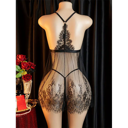 Suspender Underwear Front Open Lace-Up Dress Sexy Clothes For hot Women Lace Black Plus Size Nightgowns Open Lingerie Skirt Set