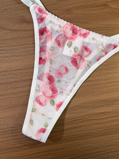 Women's Pink Rose Sheer Mesh Bra & Thong Set