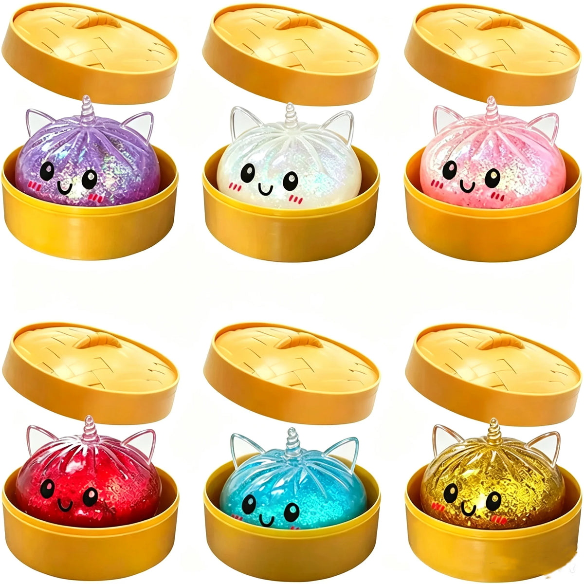 Simulation Unicorn Dumpling Squishy Stress Ball With Bamboo Steamer Box Anti-Stress Toy Sensory For Creative Gift
