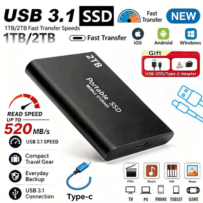 High-speed SSD 1TB Portable External Hard Drive 2TB Solid State Drive 4TB Mass Hard Disk for Laptop Mac PC and Mobile Phone Data