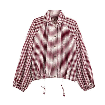 Guobioziy Women's Jacket 2026 Autumn New Plaid Long-Sleeve Drawstring Loose Jacket Parka Casual Fashion Versatile