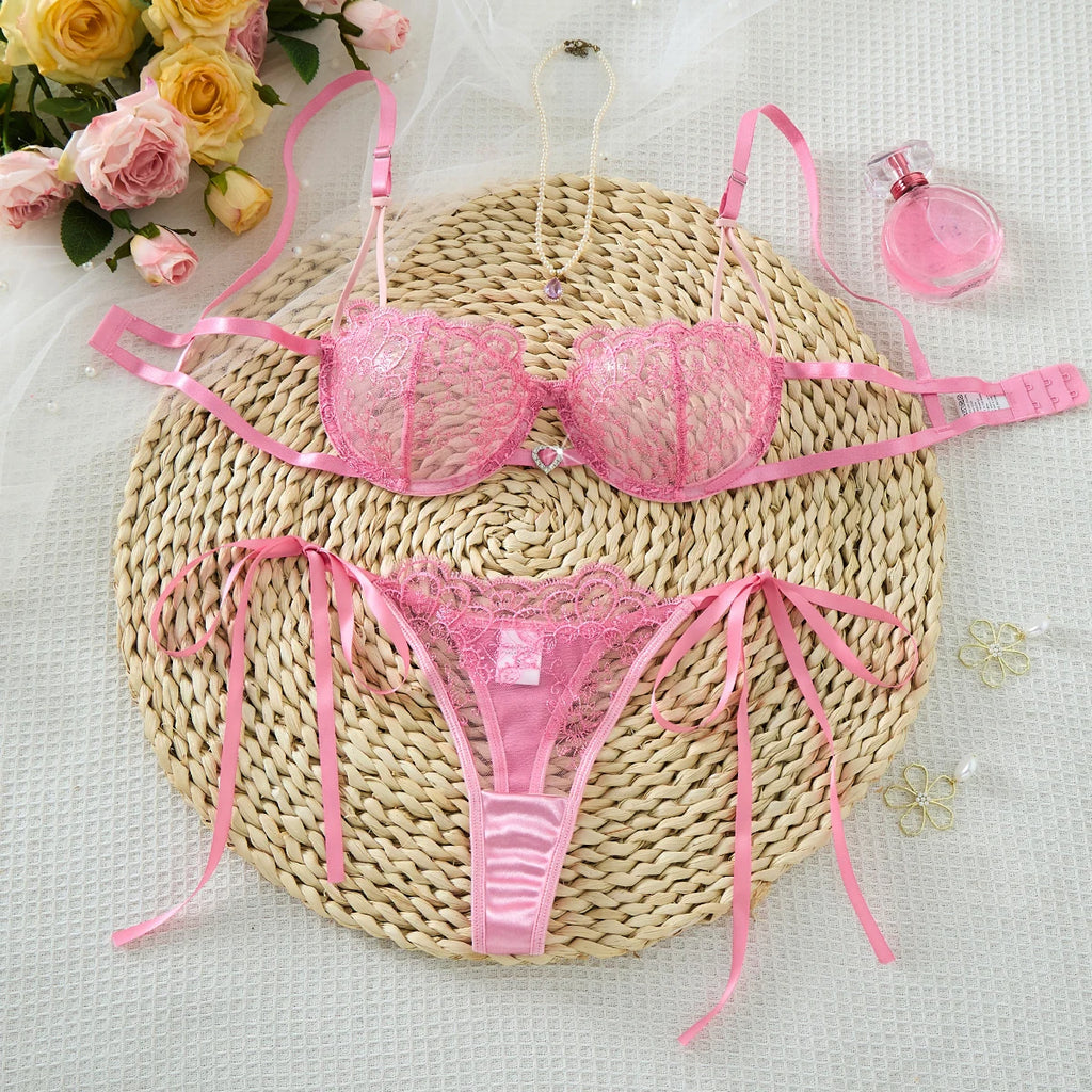 Pink Floral Embroidered Bra & Tie-Side Thong Set