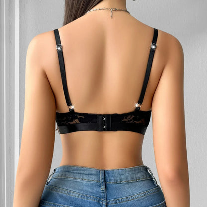 Women's Elegant Sheer Floral Lace Bra, Wire-Free Unlined No Pad Brassiere, Adjustable Strap Breathable Thin Lingerie For Daily