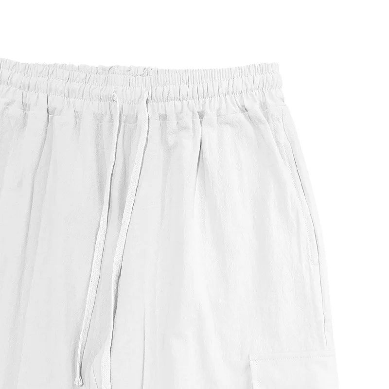 Amazon Cross-Border Cotton and Linen Tied Feet Multi-Pocket Tether Solid Color Loose Drawstring Trousers