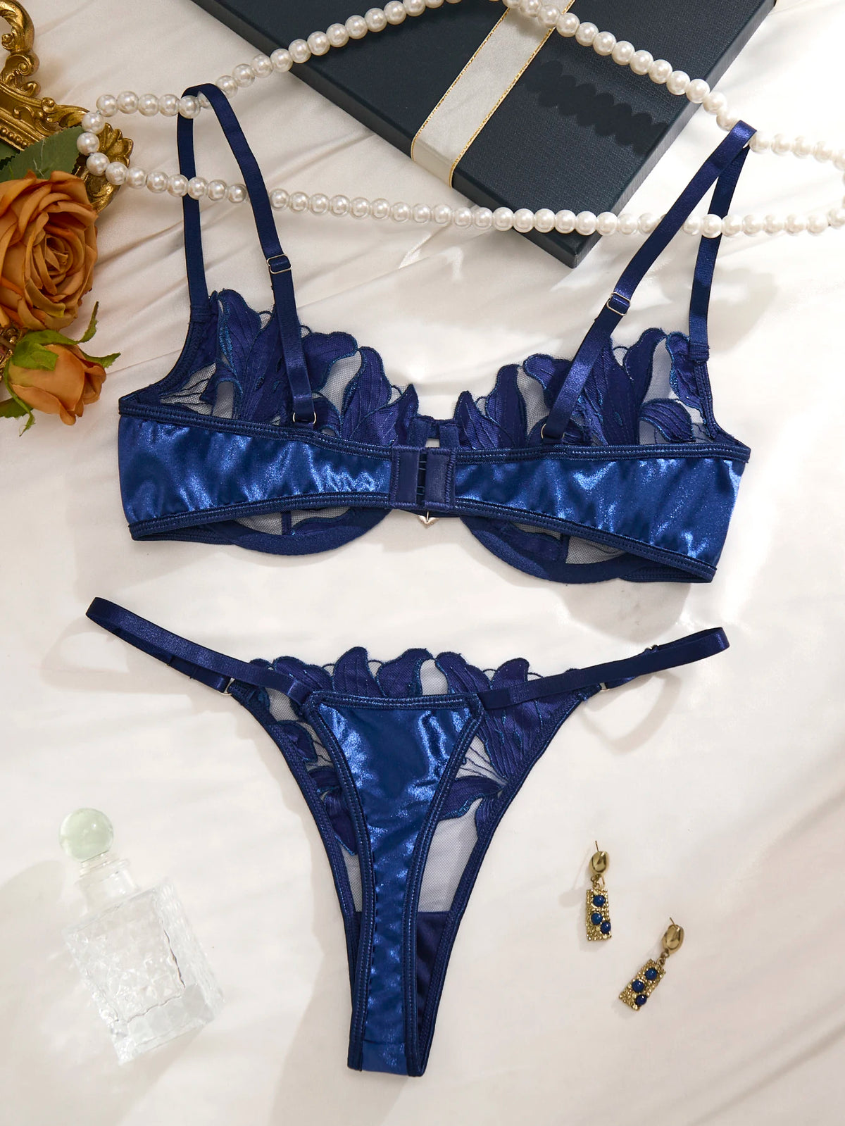 Blue Lily Floral Embroidered Bra & Thong Set