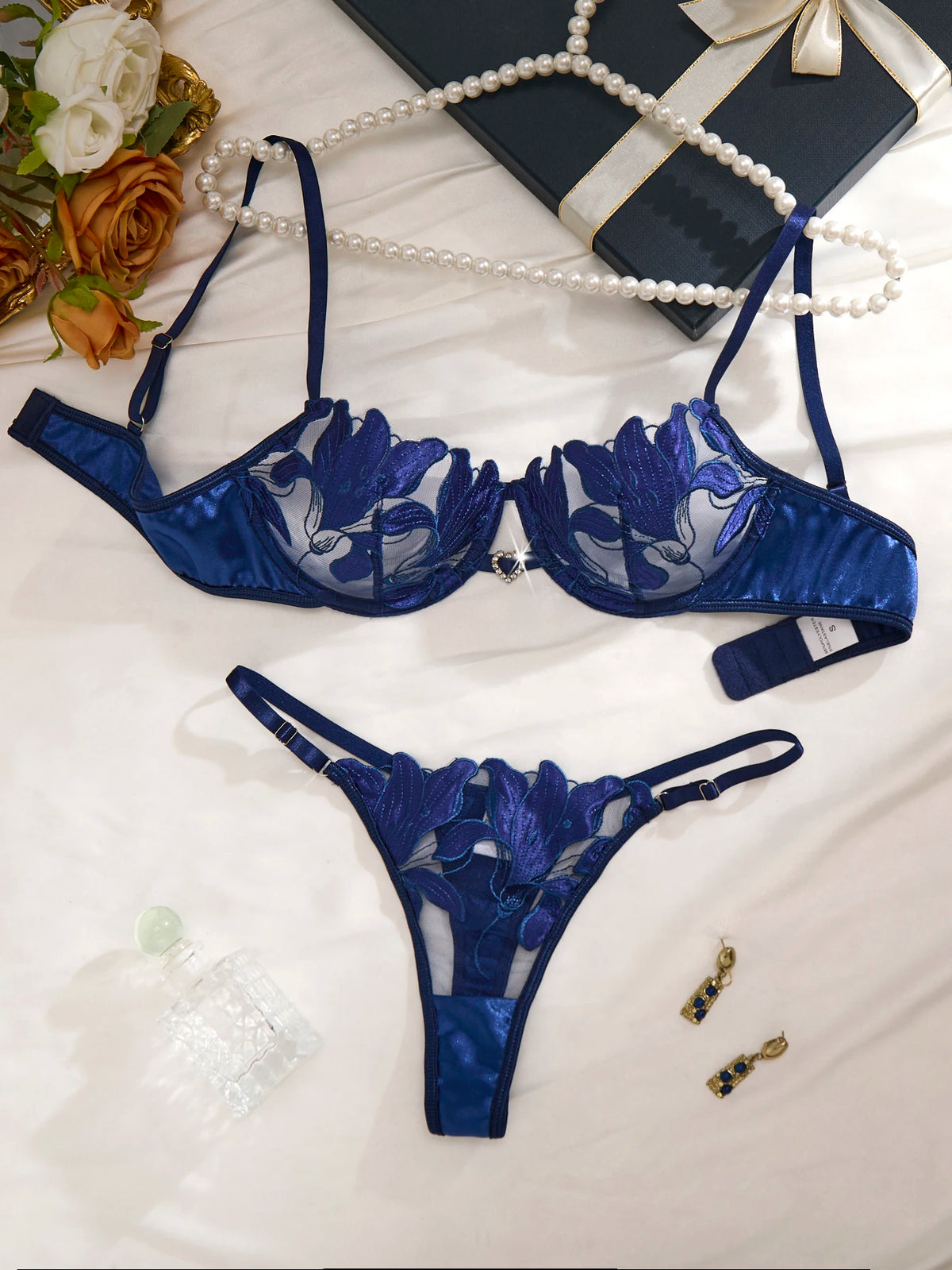 Blue Lily Floral Embroidered Bra & Thong Set