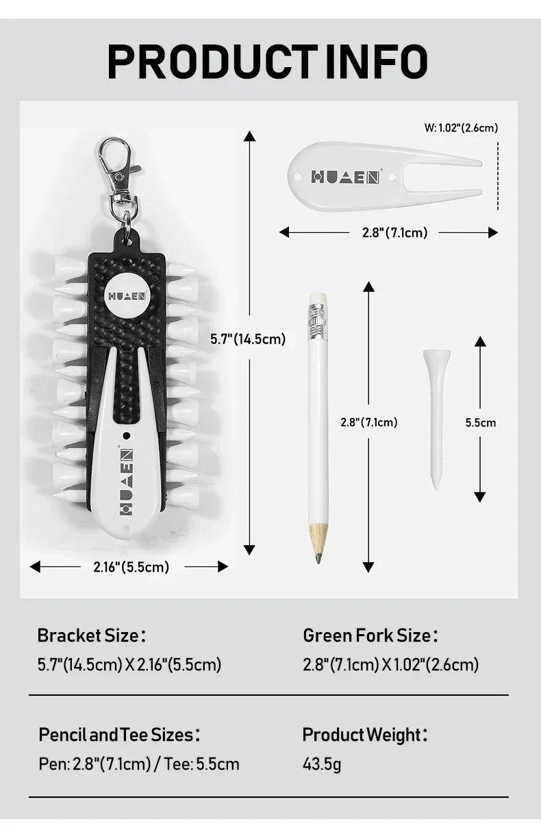 Golf Tees Rack with 12pcs Tees Green Fork and Pencil Portable Golf Accessory Storage Device TC001