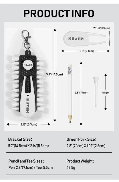 Golf Tees Rack with 12pcs Tees Green Fork and Pencil Portable Golf Accessory Storage Device TC001