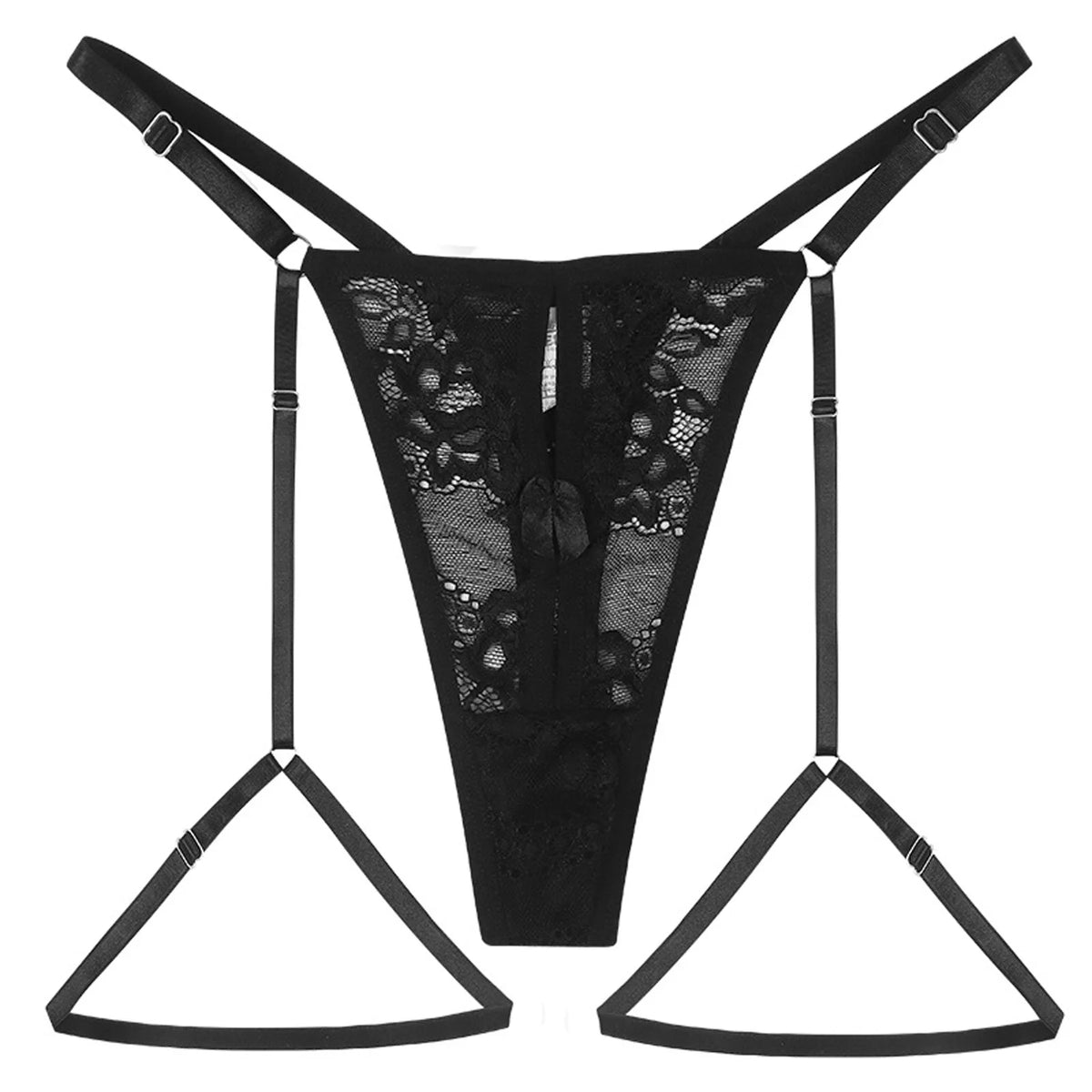 Women Black Panty With Garters Sexy Lingeries Hollow Out Low Waist Ring Buckles Underwear See-Through Lace Mesh Thongs трусы