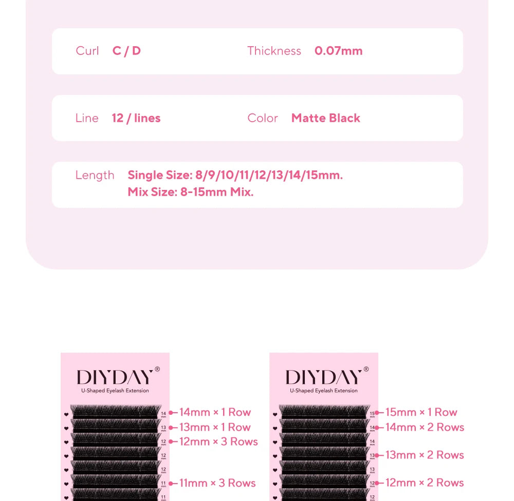 DIYDAY U-shaped Eyelash Extension Easy to Apply 3D Volume False Lashes Natural Wispy U YY Shape Faux Mink Eyelashes for Makeup