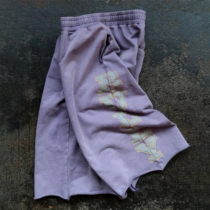 Trendy Streetwear Sweatshorts Imperfect Purple Reflective Logo Shorts Y2K Harajuku Retro Wide Leg Unisex Baggy 3/4 Length Pants