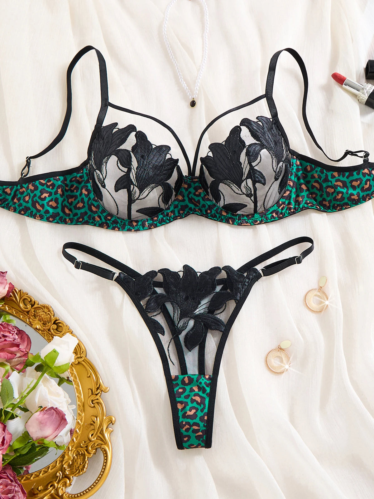 Green Leopard Floral Embroidered Bra & Thong Set