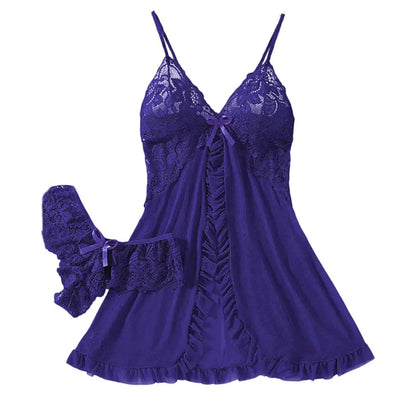 Summer Hot Sexy Sleepwear Dress Sleeveless Backless Women Lace Sheer Nightdress Solid Color Soft Pajamas Short V-neck Thong Set
