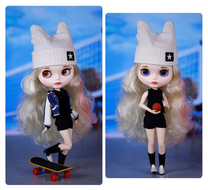 ICY DBS Blyth Doll Pleated Skirt Leather Jacket Hat Set Anime Girl jiontBody 1/6 BJD