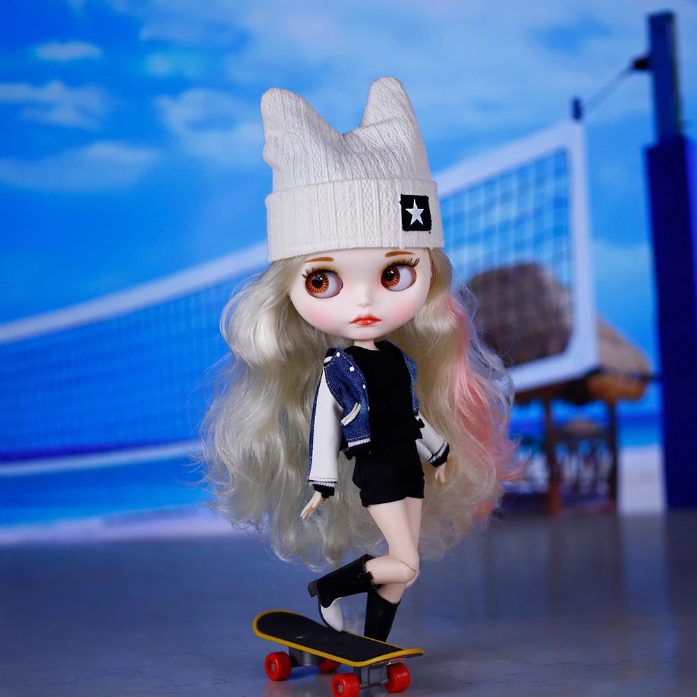 ICY DBS Blyth Doll Pleated Skirt Leather Jacket Hat Set Anime Girl jiontBody 1/6 BJD