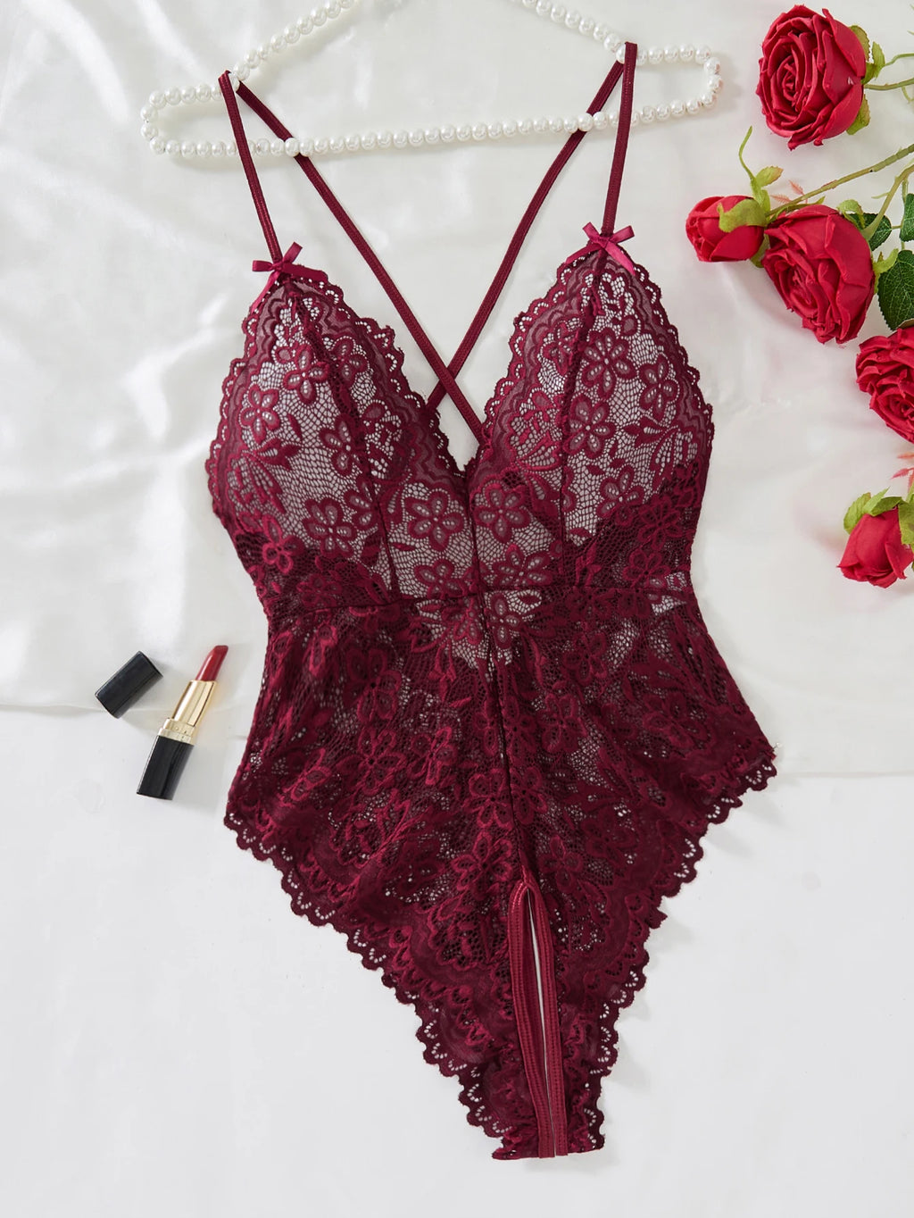 Burgundy Floral Lace Deep-V Bodysuit