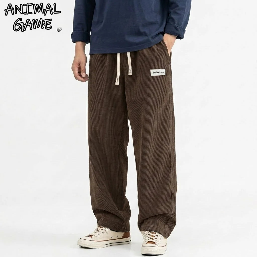 Men's Solid Corduroy Baggy Pants Casual Loose Straight Leg Trousers Elastic Waist Drawstring Streetwear Male Autumn Bottoms Man