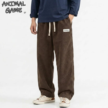 Men's Solid Corduroy Baggy Pants Casual Loose Straight Leg Trousers Elastic Waist Drawstring Streetwear Male Autumn Bottoms Man
