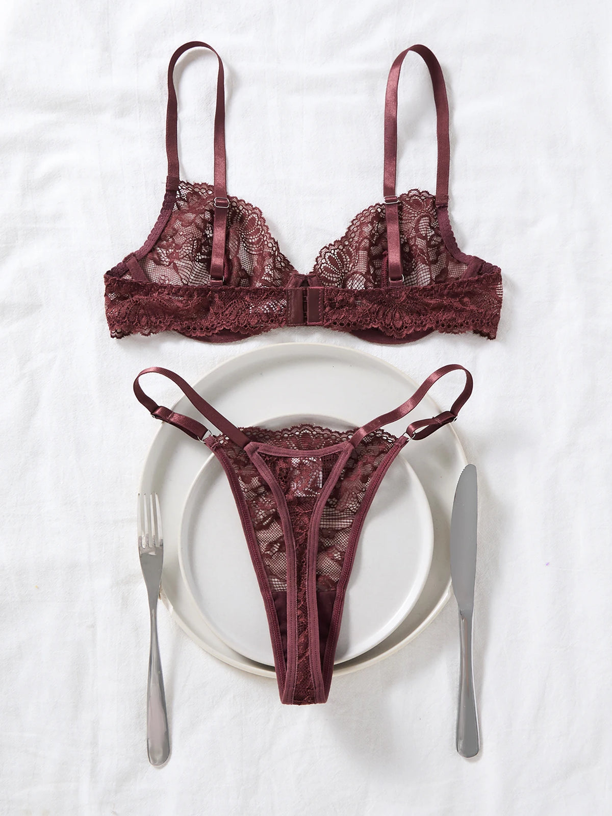Women's Brown Lace Deep-V Bra & G-String Set