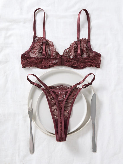 Women's Brown Lace Deep-V Bra & G-String Set