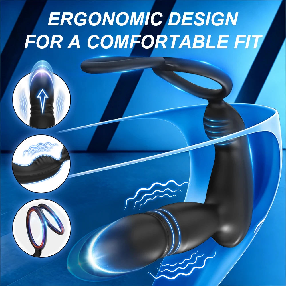 Bluetooth APP Control Thrusting Prostate Massager Vibrator Dual Ring Anal Expander Butt Plug Adult Goods Sex Toy for Men