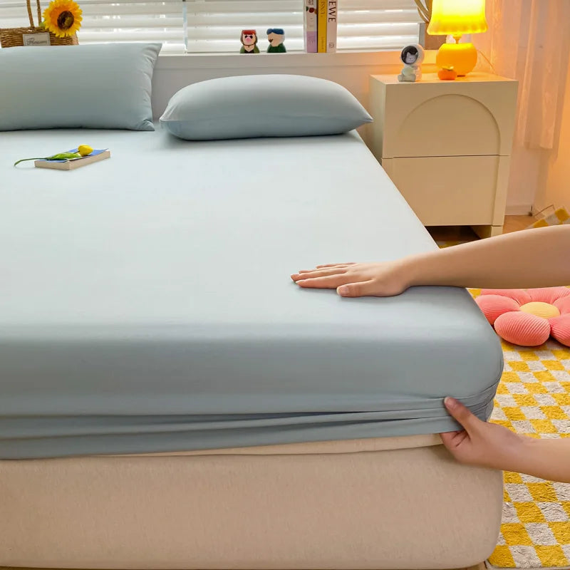 Soft Cotton Fitted Bed Sheet with Elastic Band Solid Color Mattress Cover for Single Double King Queen Bed 140/150/160/180/200
