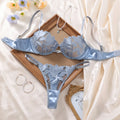 Women's Light Blue Leaf Embroidered Bra & Brief Set