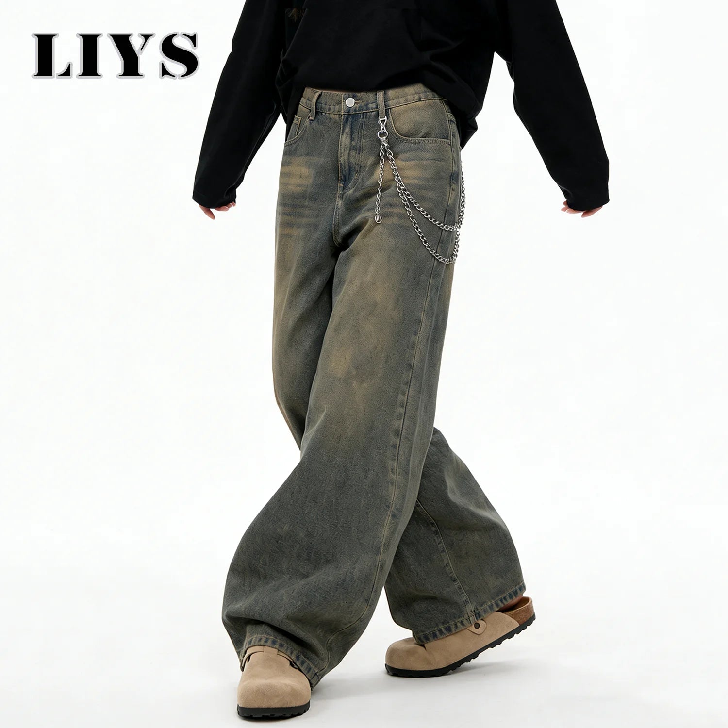 LIYS American Retro Baggy Wide Leg Jeans Men's Streetwear Distressed Y2K Clothing Casual Daily Four Seasons Denim Pants Unisex