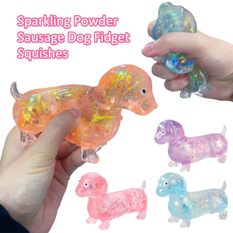 Sparkling Powder Sausage Dog Fidget Squishes Pinch Soft Maltose Texture Stress Relieving Toy Cute Puppy Slow Rising Squishy Toys