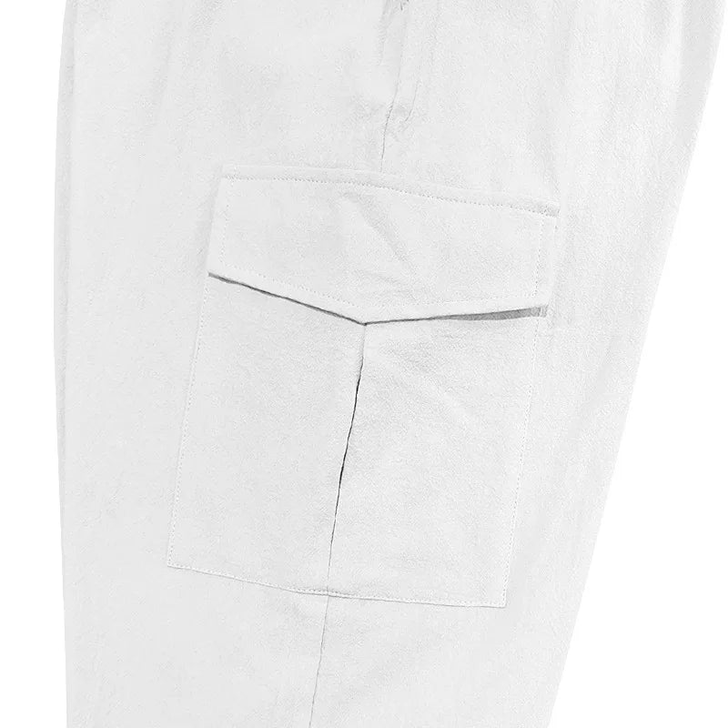 Amazon Cross-Border Cotton and Linen Tied Feet Multi-Pocket Tether Solid Color Loose Drawstring Trousers