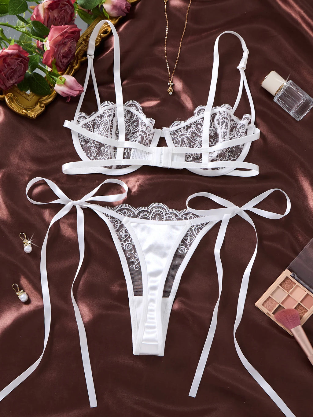White Floral Embroidered Mesh Bra & Thong Set