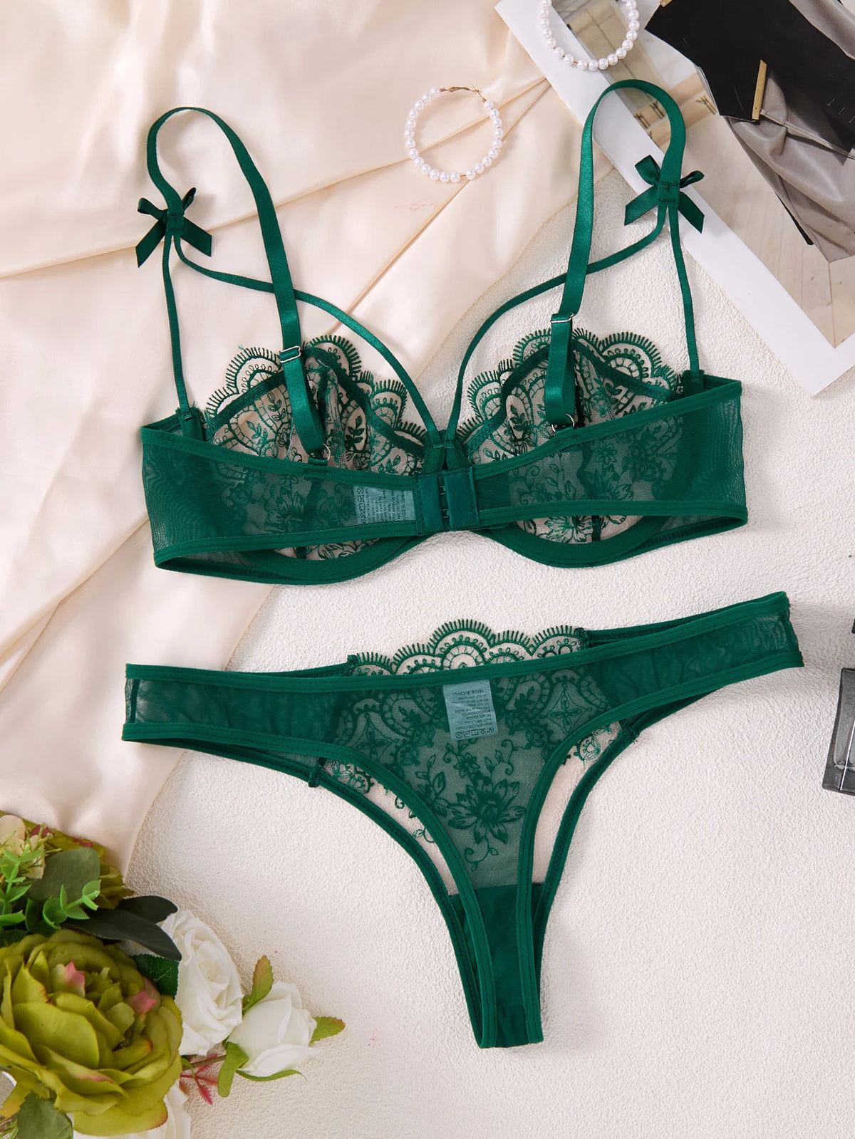 Green Floral Lace Bra & Thong Set