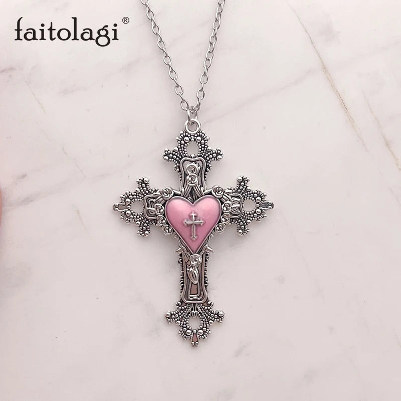 Y2K Gothic Big Cross Necklace Pink Black Red Heart Irregular Goth Large Cross Pendant Necklaces for Men Women Couple Jewelry