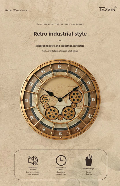 46cm Real Moving Gears Wall Clock Large Industrial Steam Punk Roman Numeral Wall Clock Living Room Home Decoration Quartz Clock