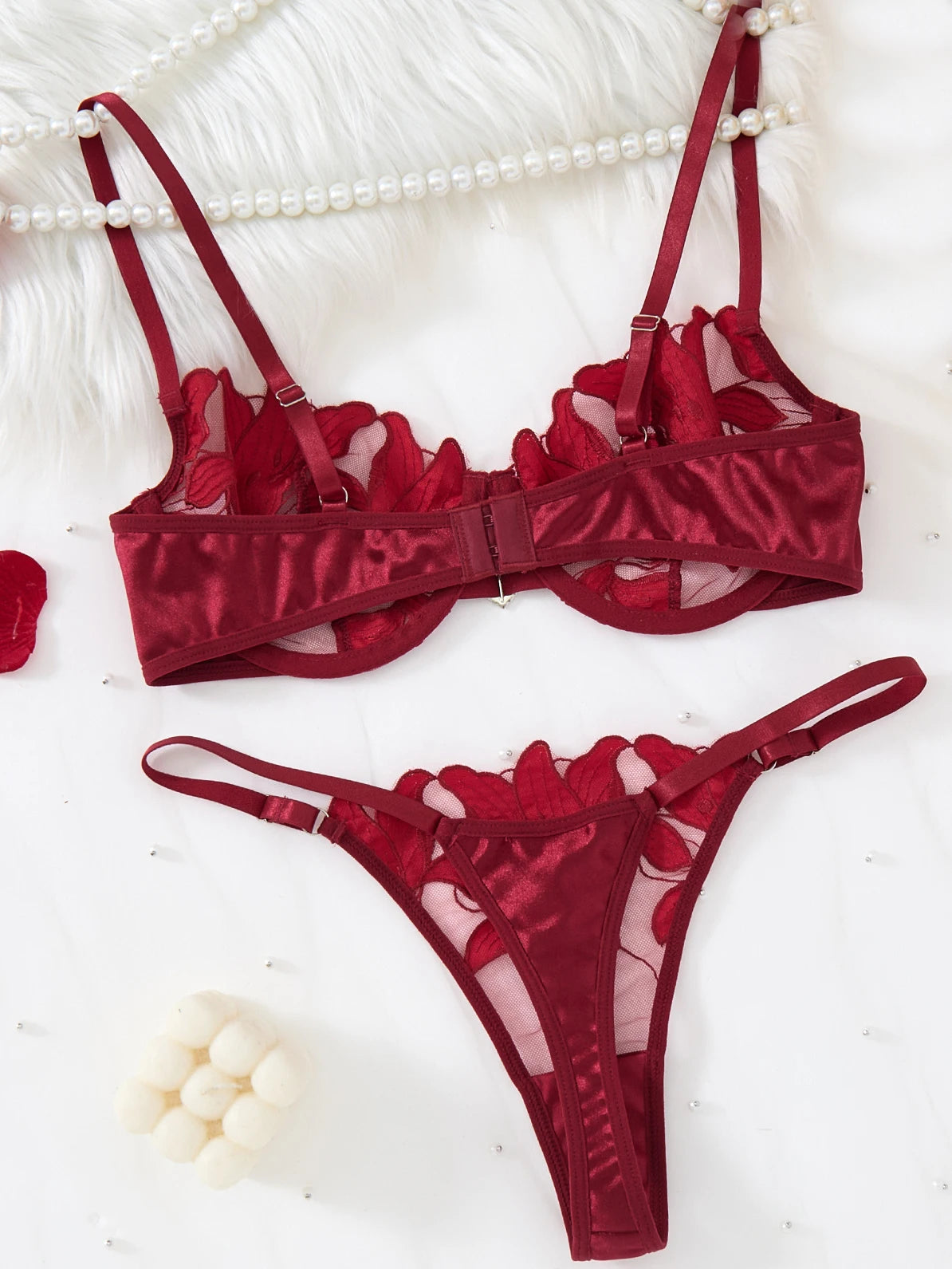 Wine Red Floral Embroidered Bra & Thong Set