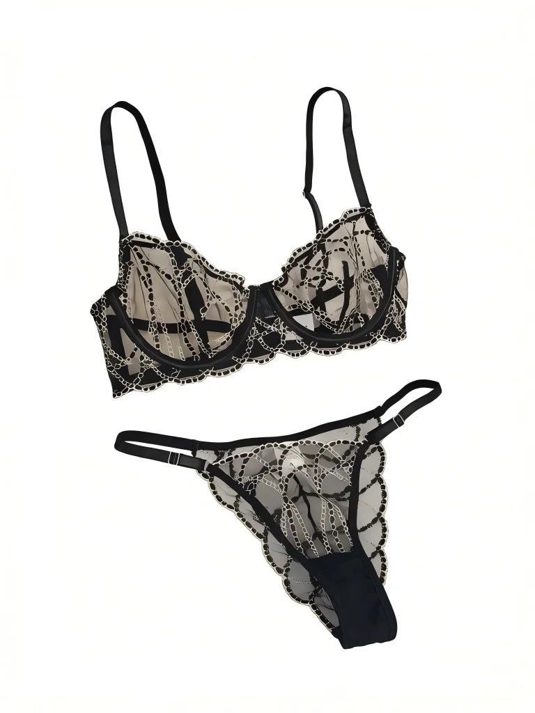 Women's Black Lace Gold-Chain Bra & G-String Set