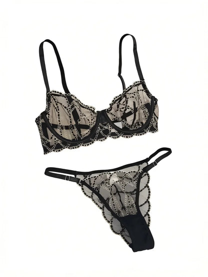 Women's Black Lace Gold-Chain Bra & G-String Set