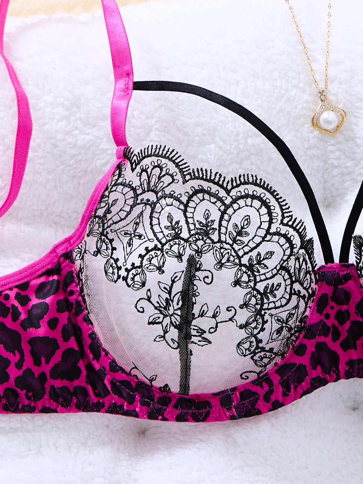 Pink Leopard Floral Embroidered Bra & Thong Set