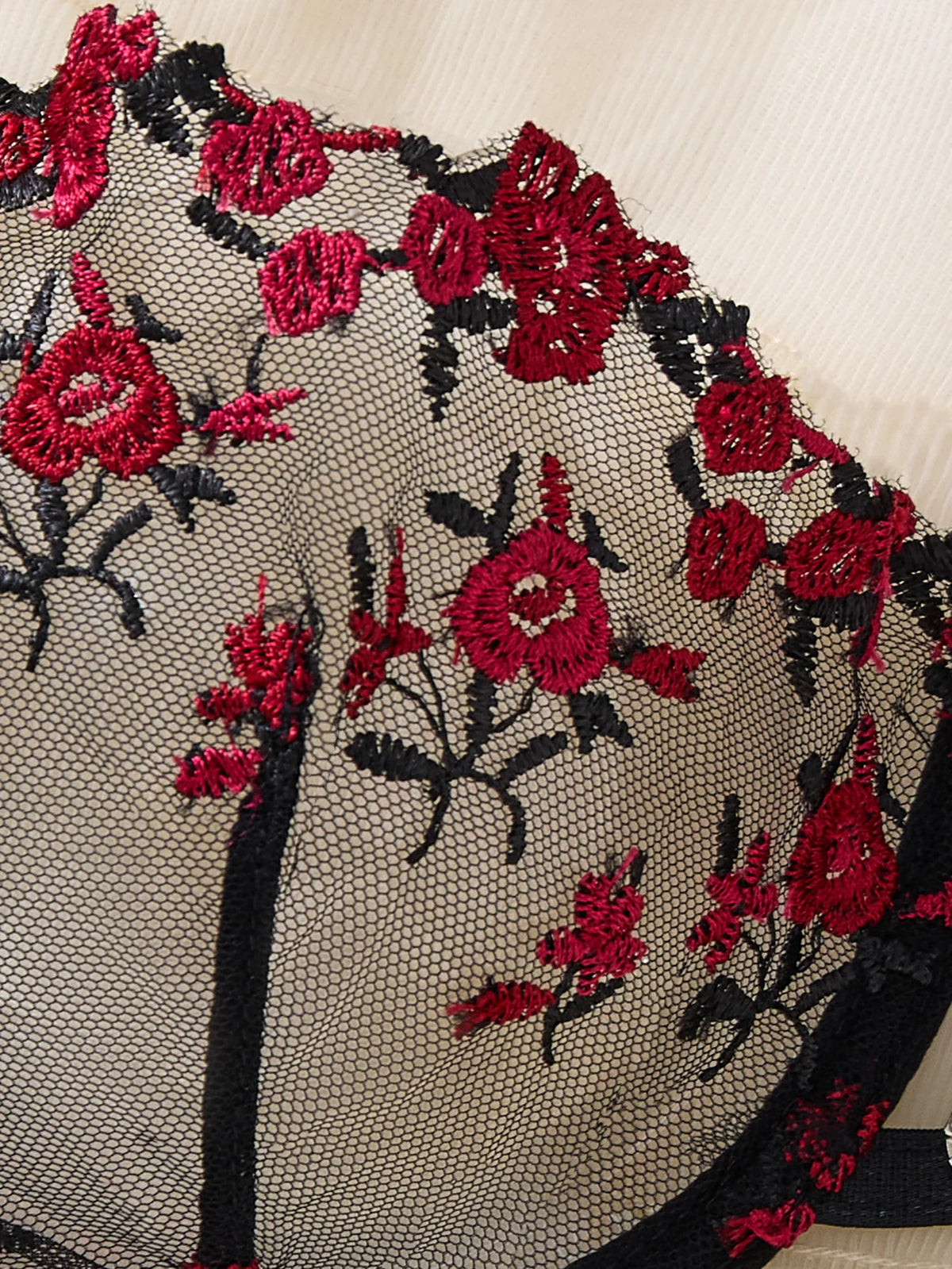 Black & Red Floral Embroidered Bra & Thong Set