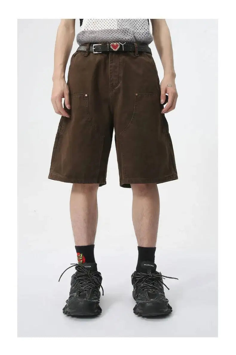 IEFB Men's Wear Knee Length Denim Shorts Summer New Multi Pocket Loose Jeans Solid Color Japanese Style Male Overalls 9C6027