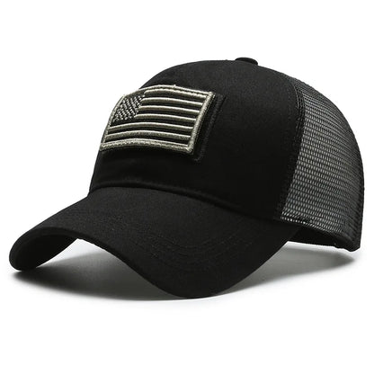 Black Mesh - Backed Baseball Cap with American Flag Patch - Stylish and Patriotic Accessory