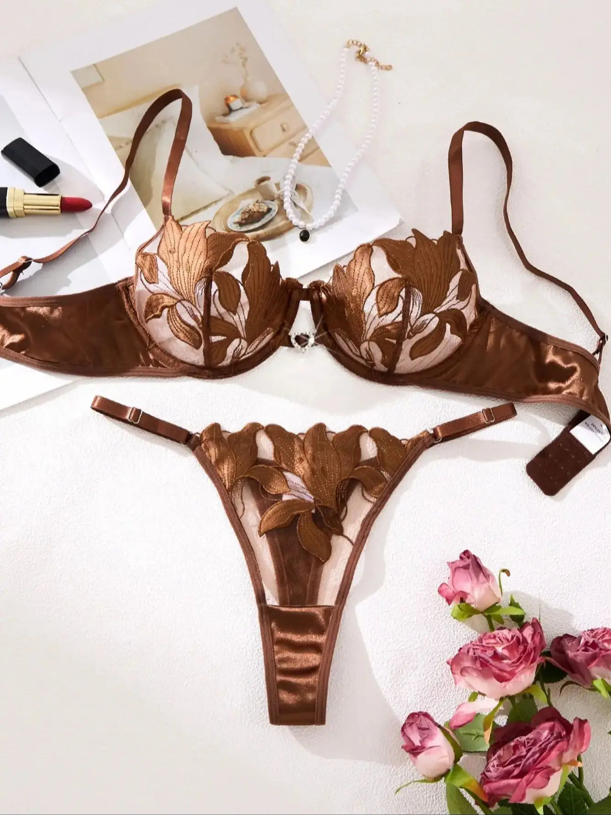 Coffee Floral Embroidered Bra & Thong Set