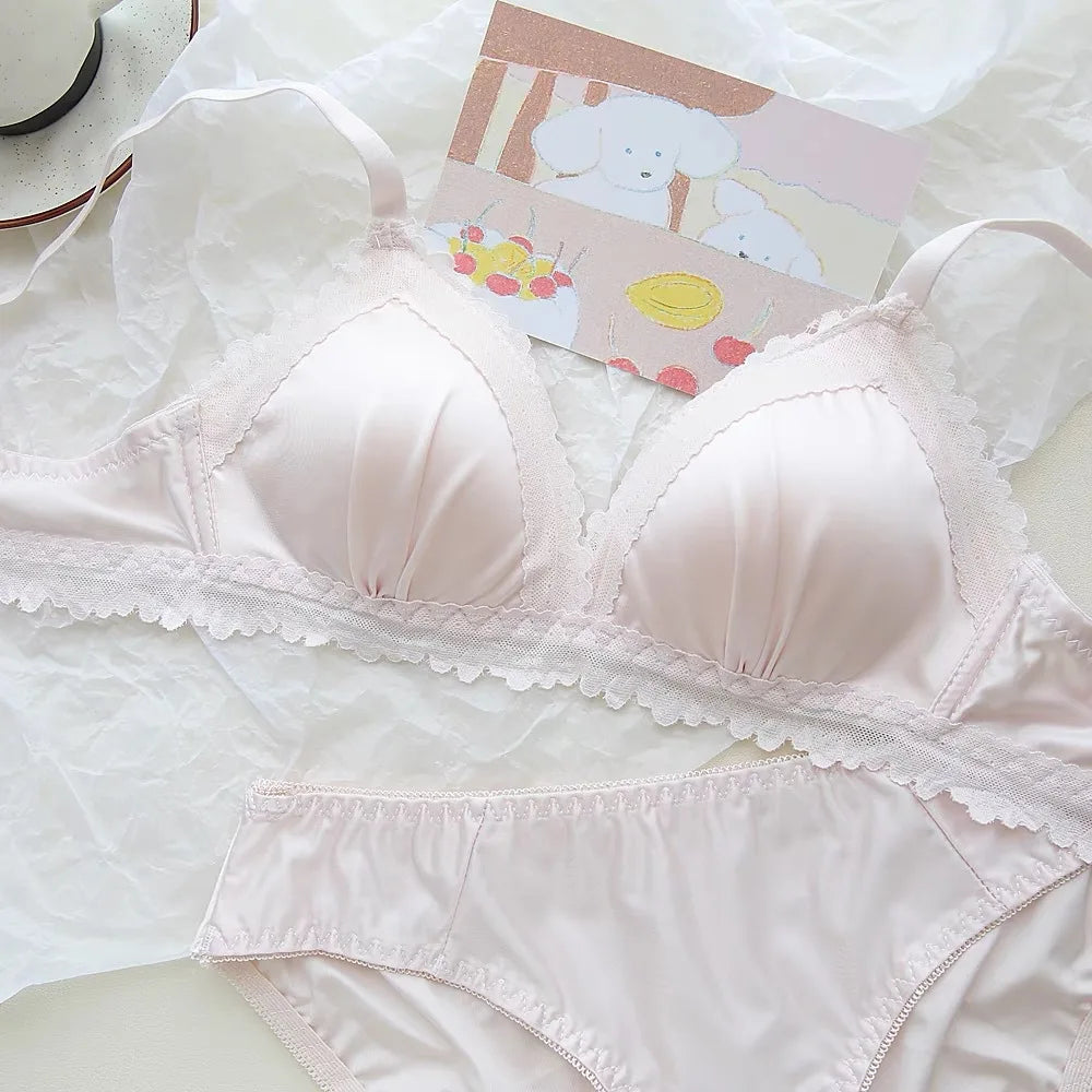 Sexy Lace Bra Set Teenage Thin Section Underwear Female Satin Lace Sweet Pure Desire Gathered Anti-Sagging Triangle Cup Bra