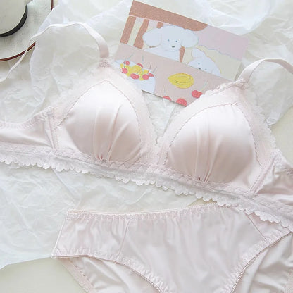 Sexy Lace Bra Set Teenage Thin Section Underwear Female Satin Lace Sweet Pure Desire Gathered Anti-Sagging Triangle Cup Bra