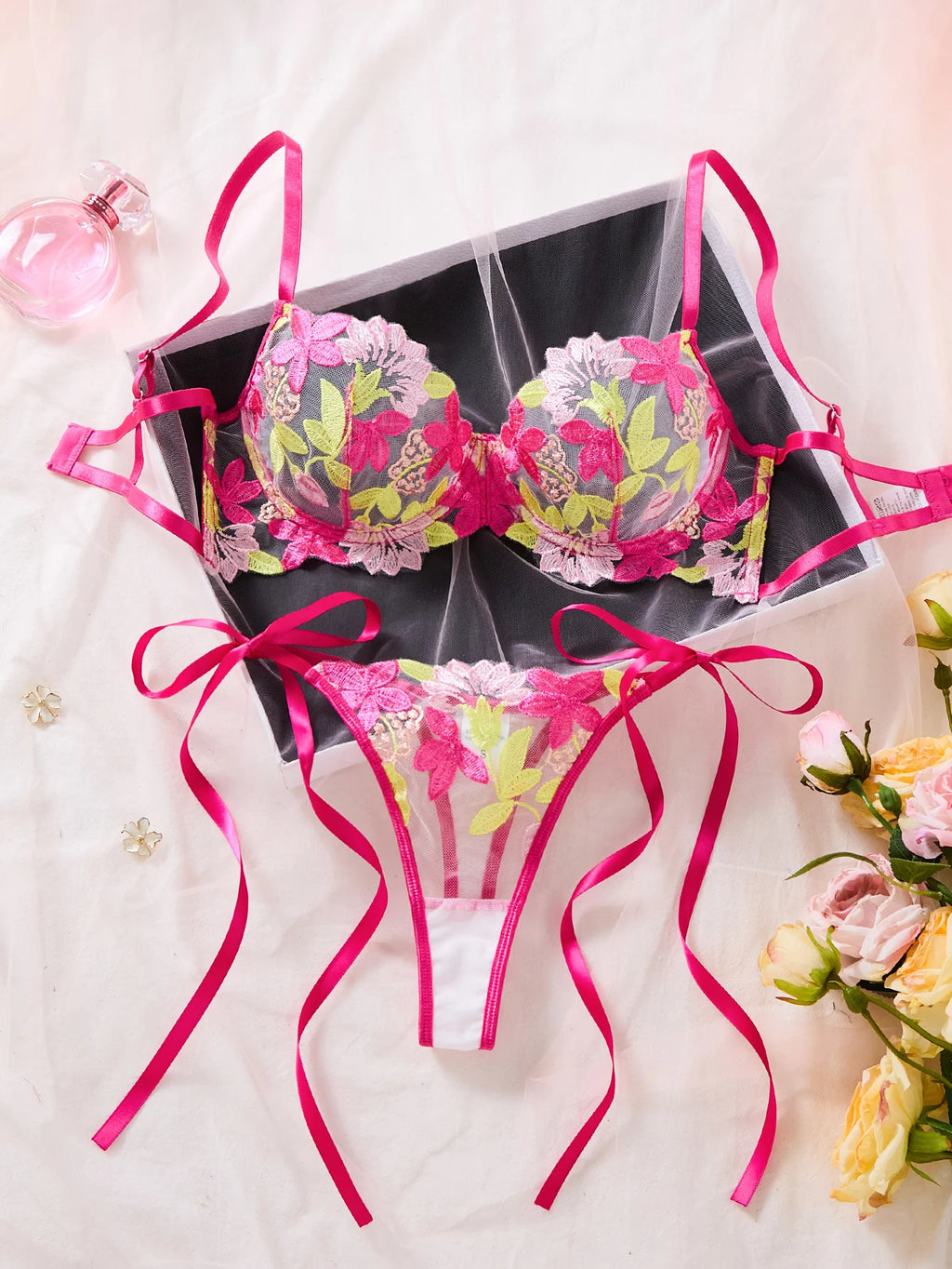 Red Multicolor Floral Embroidered Bra & Thong Set
