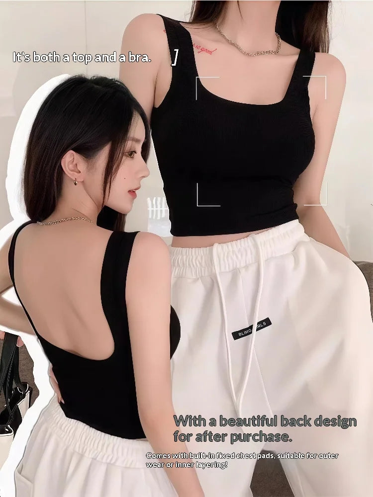 Sexy Backless Square Neck Camisole with Chest Cushion, Women's Hot Selling Outerwear Base, Slim Fit, Strapless Solid Color Top