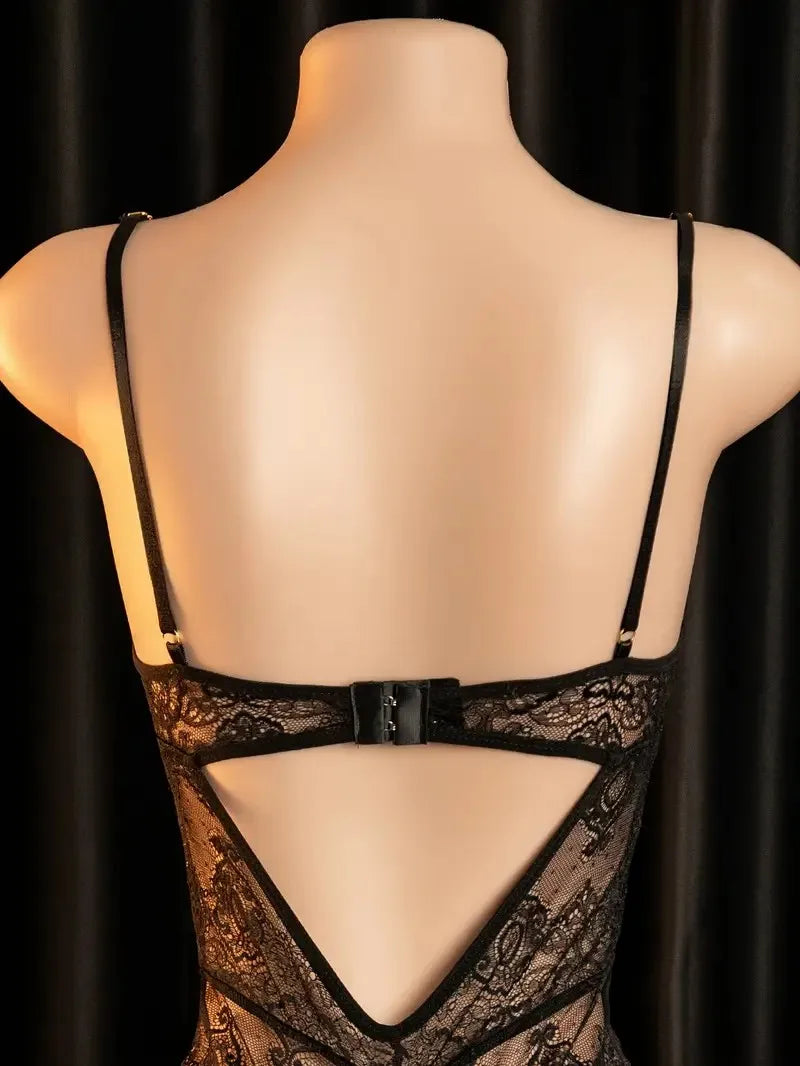 Porno Underwear For Women Lace Transparent Bra Set Erotic Costumes Deep V Neck Bra Open Crotch Babydoll Dress Sexy Lingerie Set