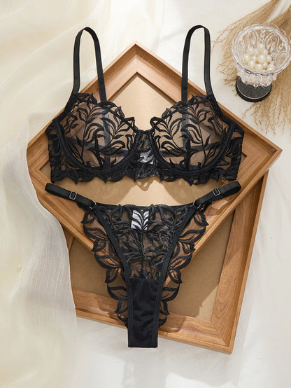 Women's Embroidered Sheer Bra & G-String Set
